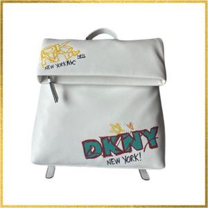 DKNY Tilly Graffiti Backpack.Fold-over design w/4 pockets,white faux leather|NWT